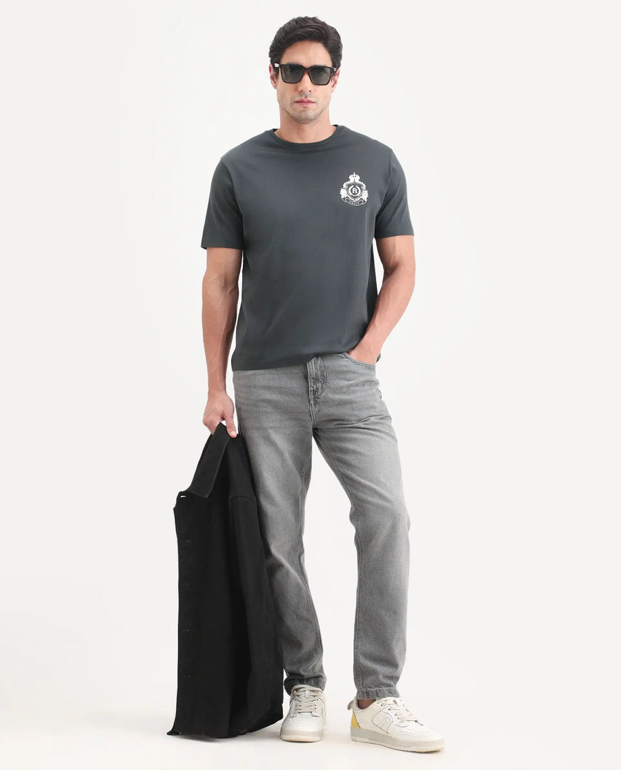 Rare Rabbit Men's Tiro Dark Grey Cotton Fabric Half Sleeve Crew Neck Regular Fit Graphic Print T-Shirt