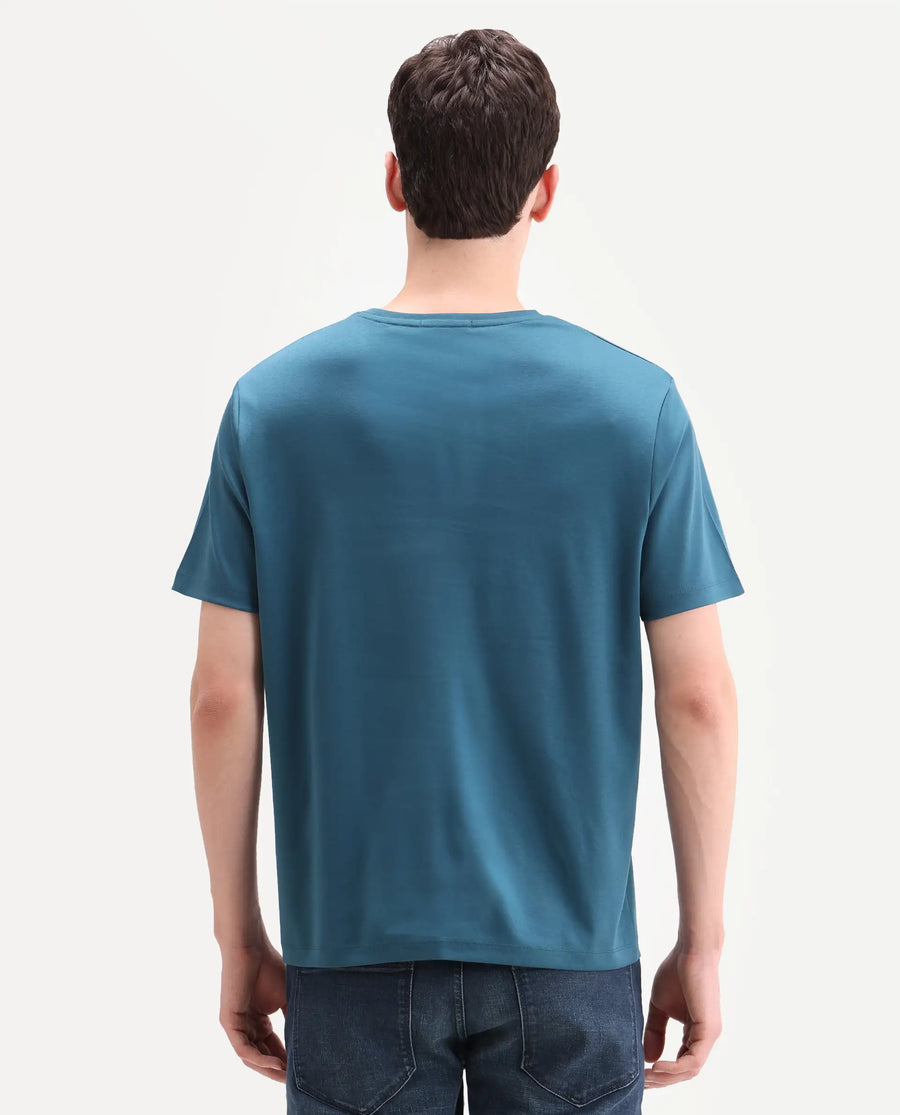 Rare Rabbit Men's Tiro Dark Teal Cotton Fabric Half Sleeve Crew Neck Regular Fit Graphic Print T-Shirt