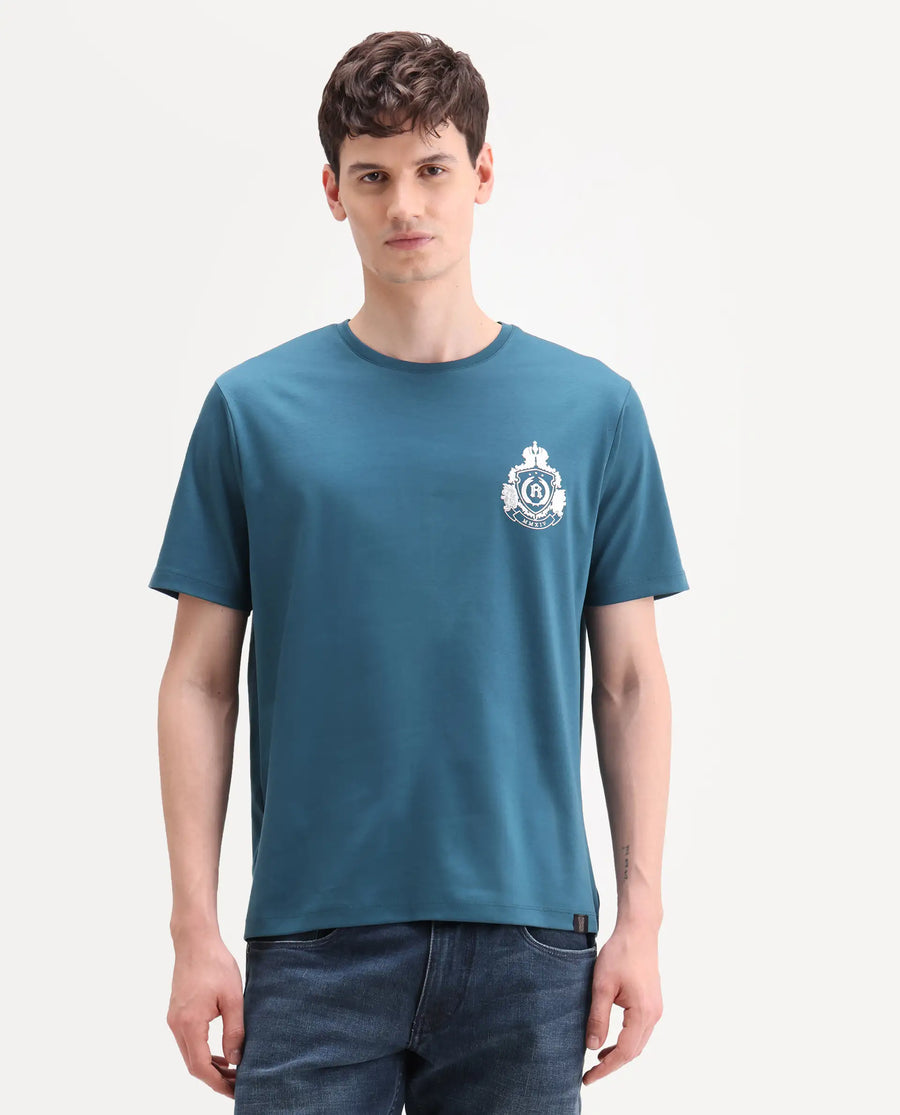 Rare Rabbit Men's Tiro Dark Teal Cotton Fabric Half Sleeve Crew Neck Regular Fit Graphic Print T-Shirt