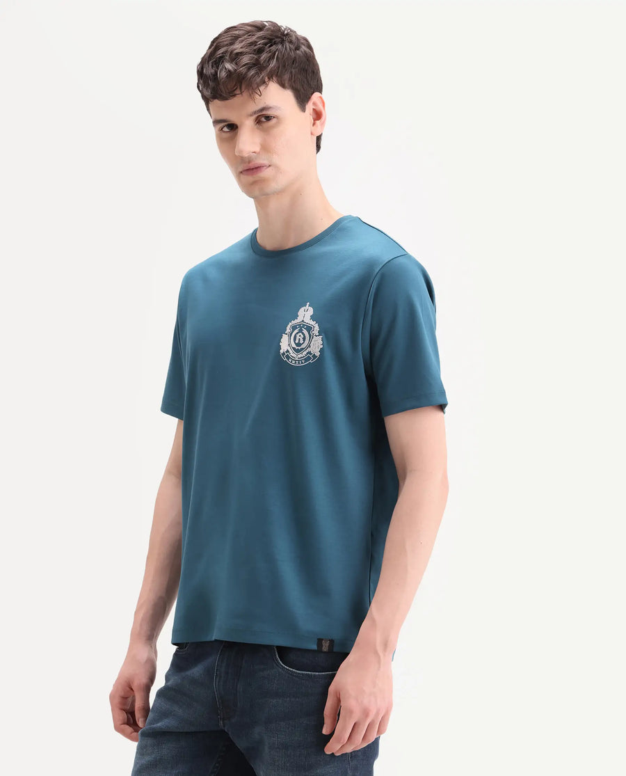 Rare Rabbit Men's Tiro Dark Teal Cotton Fabric Half Sleeve Crew Neck Regular Fit Graphic Print T-Shirt