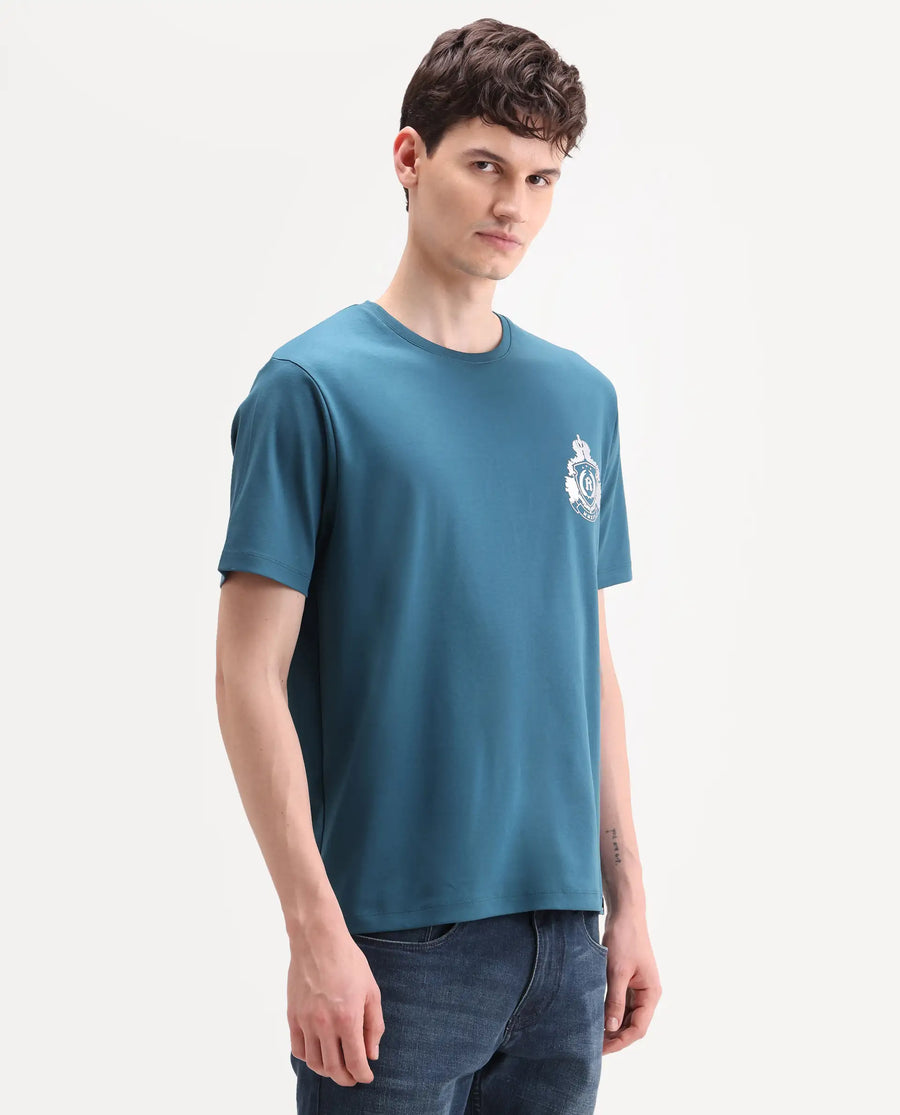 Rare Rabbit Men's Tiro Dark Teal Cotton Fabric Half Sleeve Crew Neck Regular Fit Graphic Print T-Shirt