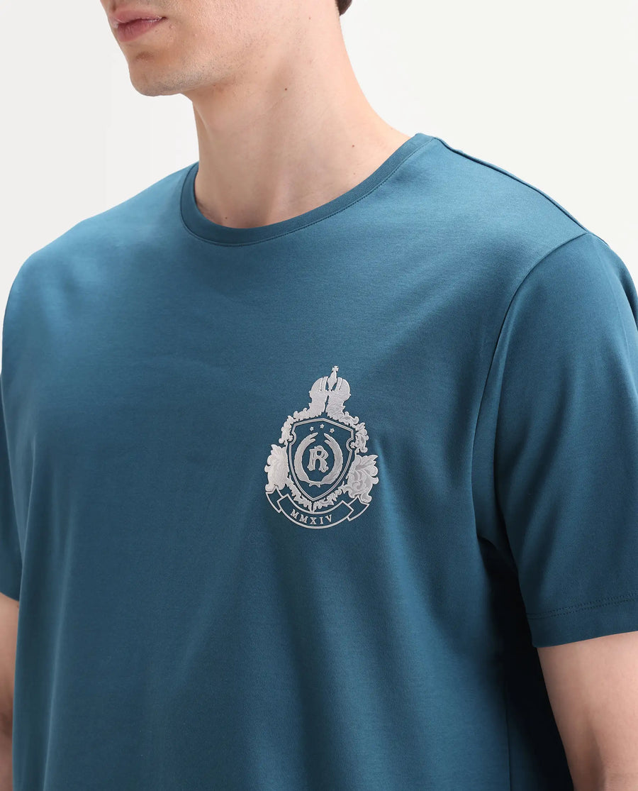 Rare Rabbit Men's Tiro Dark Teal Cotton Fabric Half Sleeve Crew Neck Regular Fit Graphic Print T-Shirt