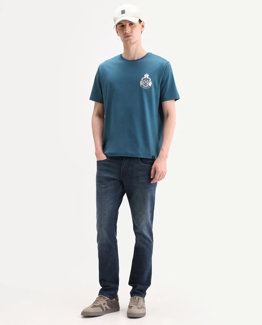 Rare Rabbit Men's Tiro Dark Teal Cotton Fabric Half Sleeve Crew Neck Regular Fit Graphic Print T-Shirt