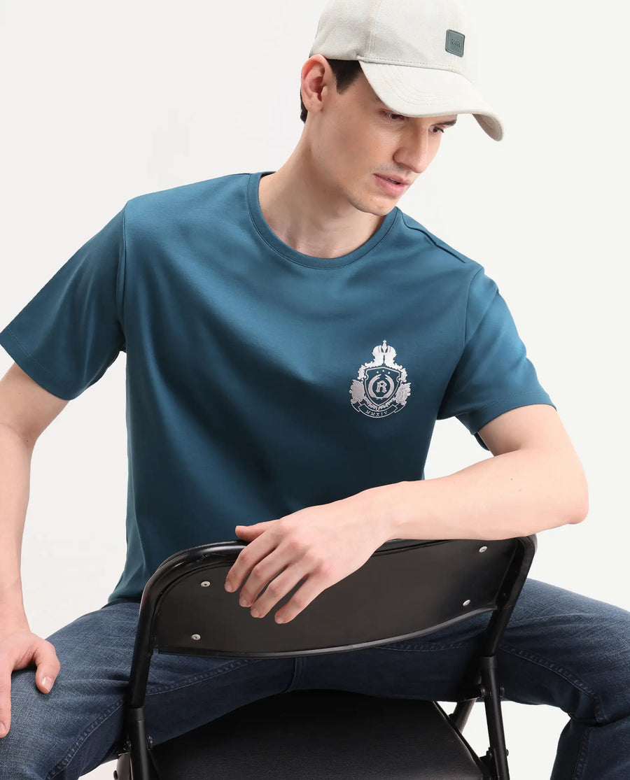 Rare Rabbit Men's Tiro Dark Teal Cotton Fabric Half Sleeve Crew Neck Regular Fit Graphic Print T-Shirt