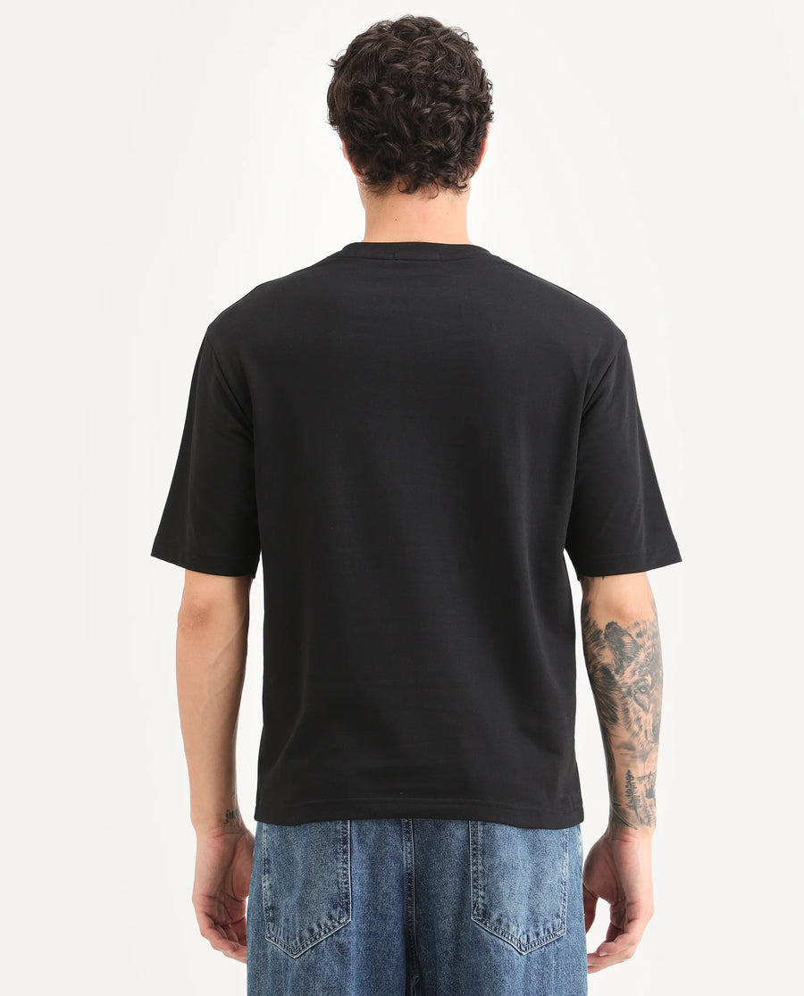 Rare Rabbit Men's Tiz Black Cotton Fabric Half Sleeve Crew Neck Oversize Graphic Print T-Shirt