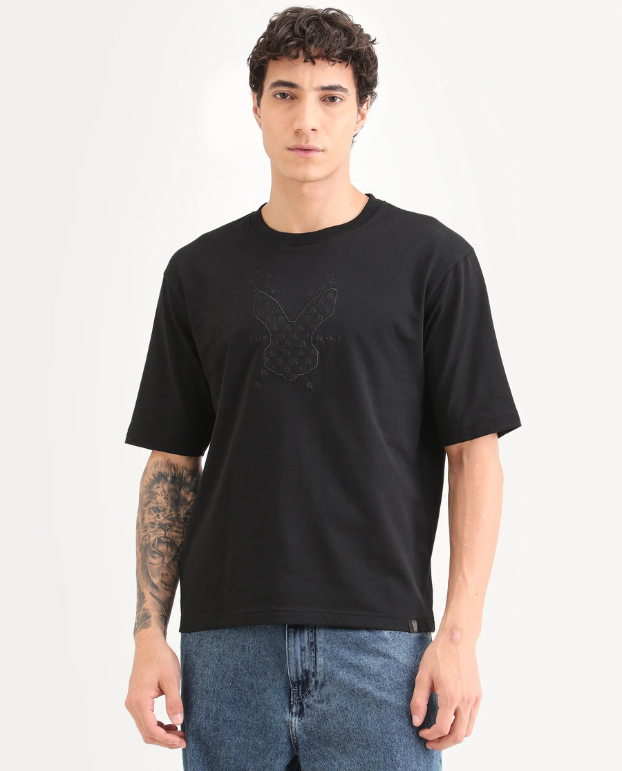 Rare Rabbit Men's Tiz Black Cotton Fabric Half Sleeve Crew Neck Oversize Graphic Print T-Shirt