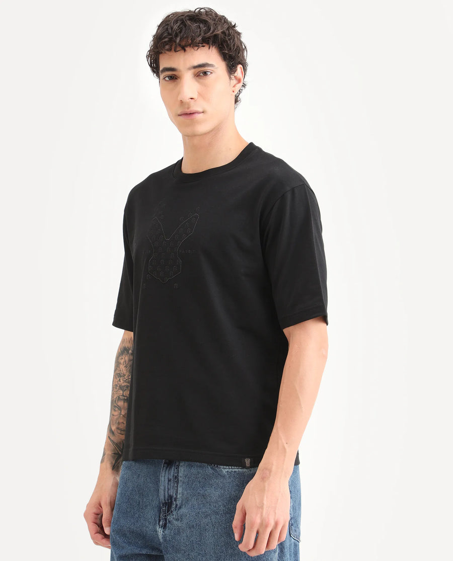Rare Rabbit Men's Tiz Black Cotton Fabric Half Sleeve Crew Neck Oversize Graphic Print T-Shirt