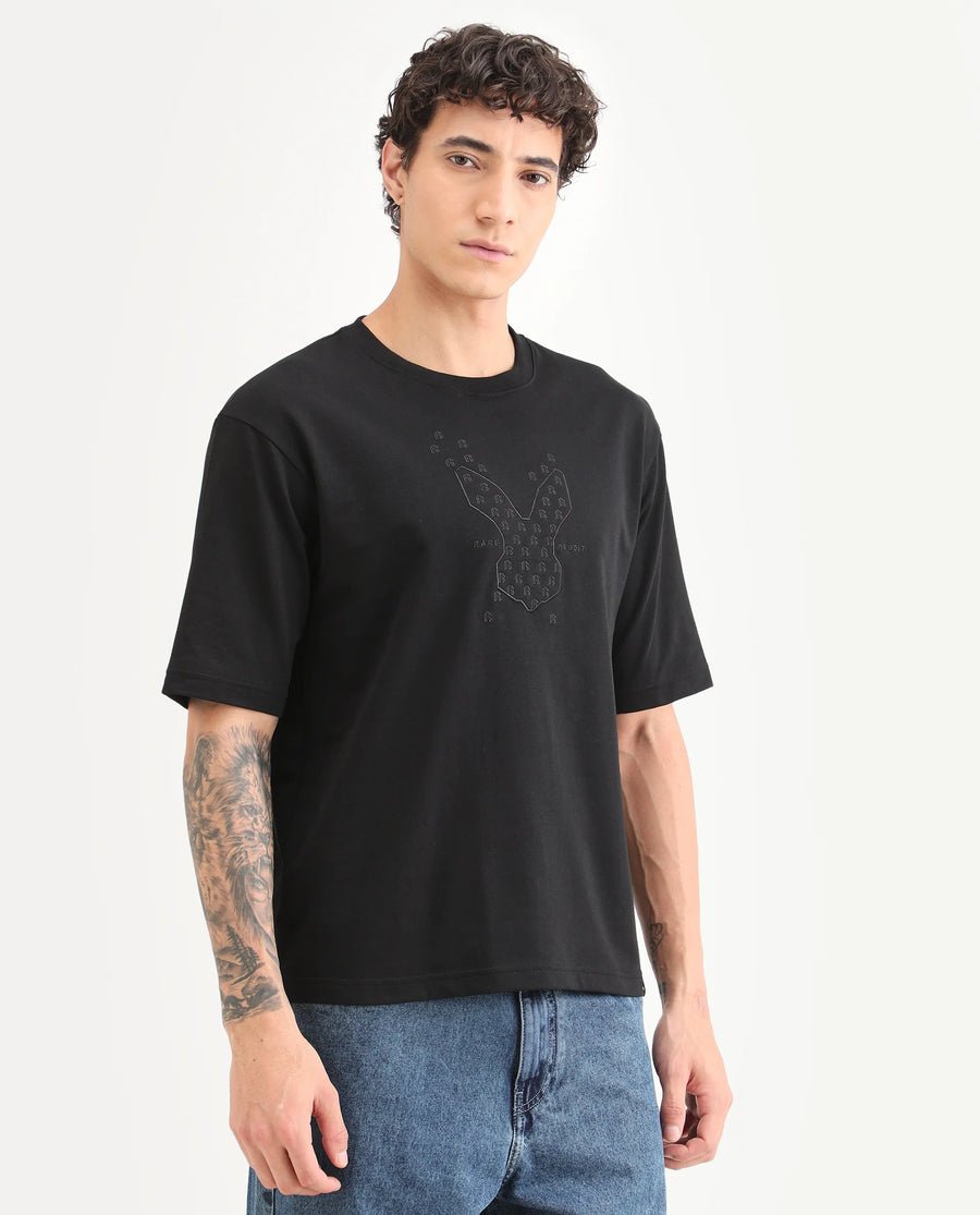 Rare Rabbit Men's Tiz Black Cotton Fabric Half Sleeve Crew Neck Oversize Graphic Print T-Shirt