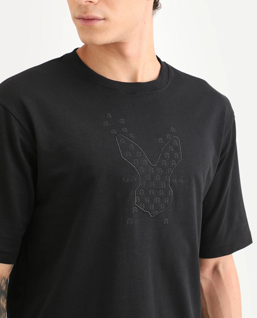 Rare Rabbit Men's Tiz Black Cotton Fabric Half Sleeve Crew Neck Oversize Graphic Print T-Shirt