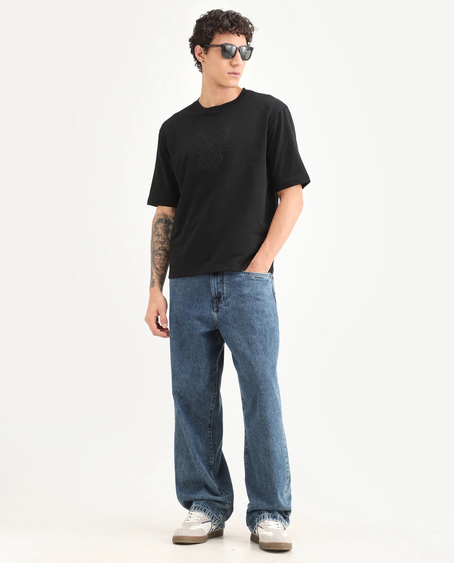 Rare Rabbit Men's Tiz Black Cotton Fabric Half Sleeve Crew Neck Oversize Graphic Print T-Shirt