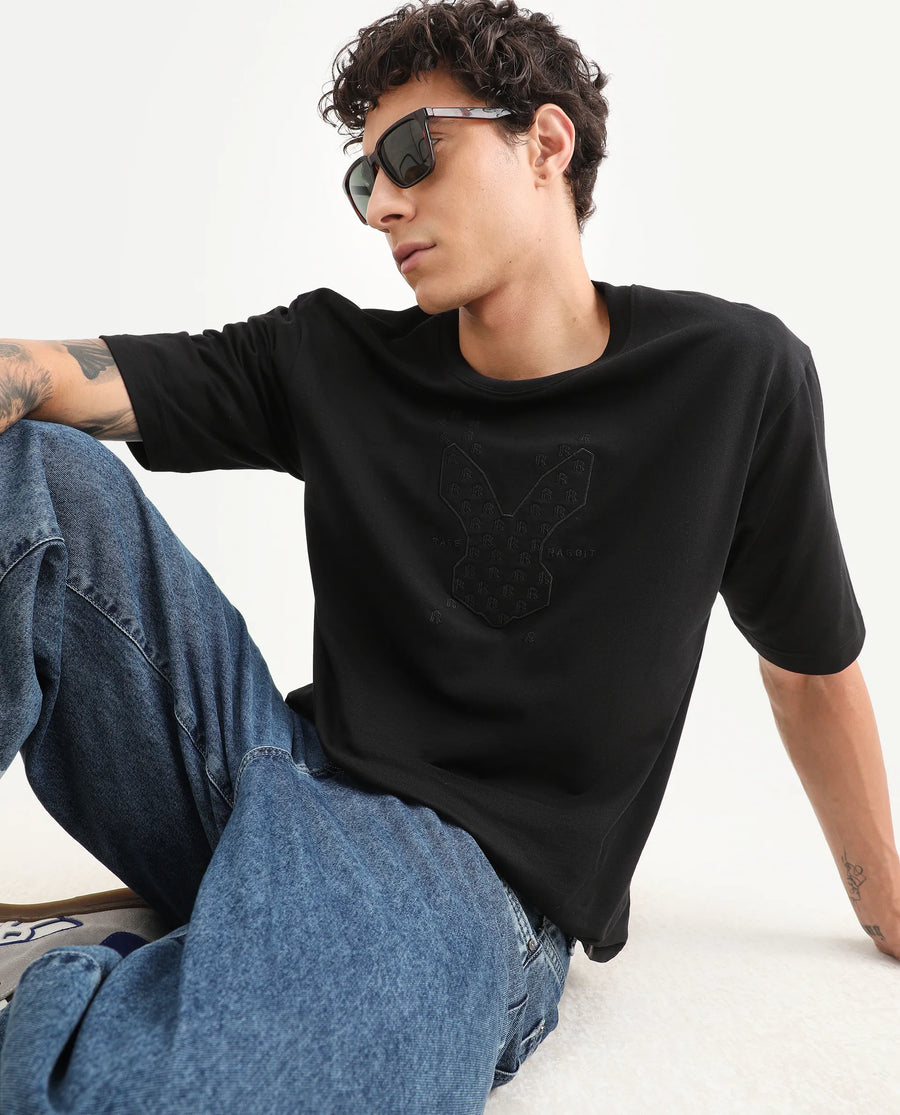 Rare Rabbit Men's Tiz Black Cotton Fabric Half Sleeve Crew Neck Oversize Graphic Print T-Shirt
