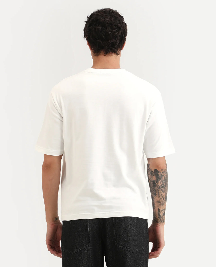 Rare Rabbit Men's Tiz White Cotton Fabric Half Sleeve Crew Neck Oversize Graphic Print T-Shirt