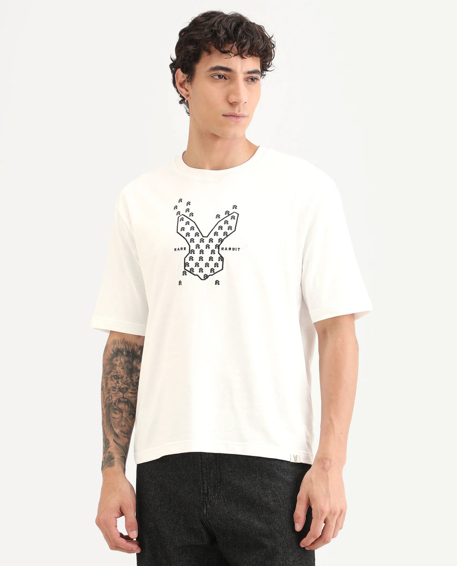 Rare Rabbit Men's Tiz White Cotton Fabric Half Sleeve Crew Neck Oversize Graphic Print T-Shirt