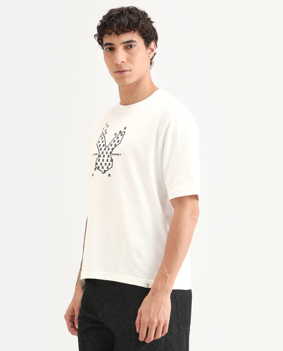 Rare Rabbit Men's Tiz White Cotton Fabric Half Sleeve Crew Neck Oversize Graphic Print T-Shirt