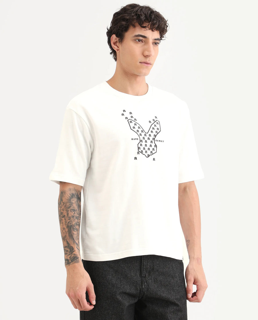 Rare Rabbit Men's Tiz White Cotton Fabric Half Sleeve Crew Neck Oversize Graphic Print T-Shirt