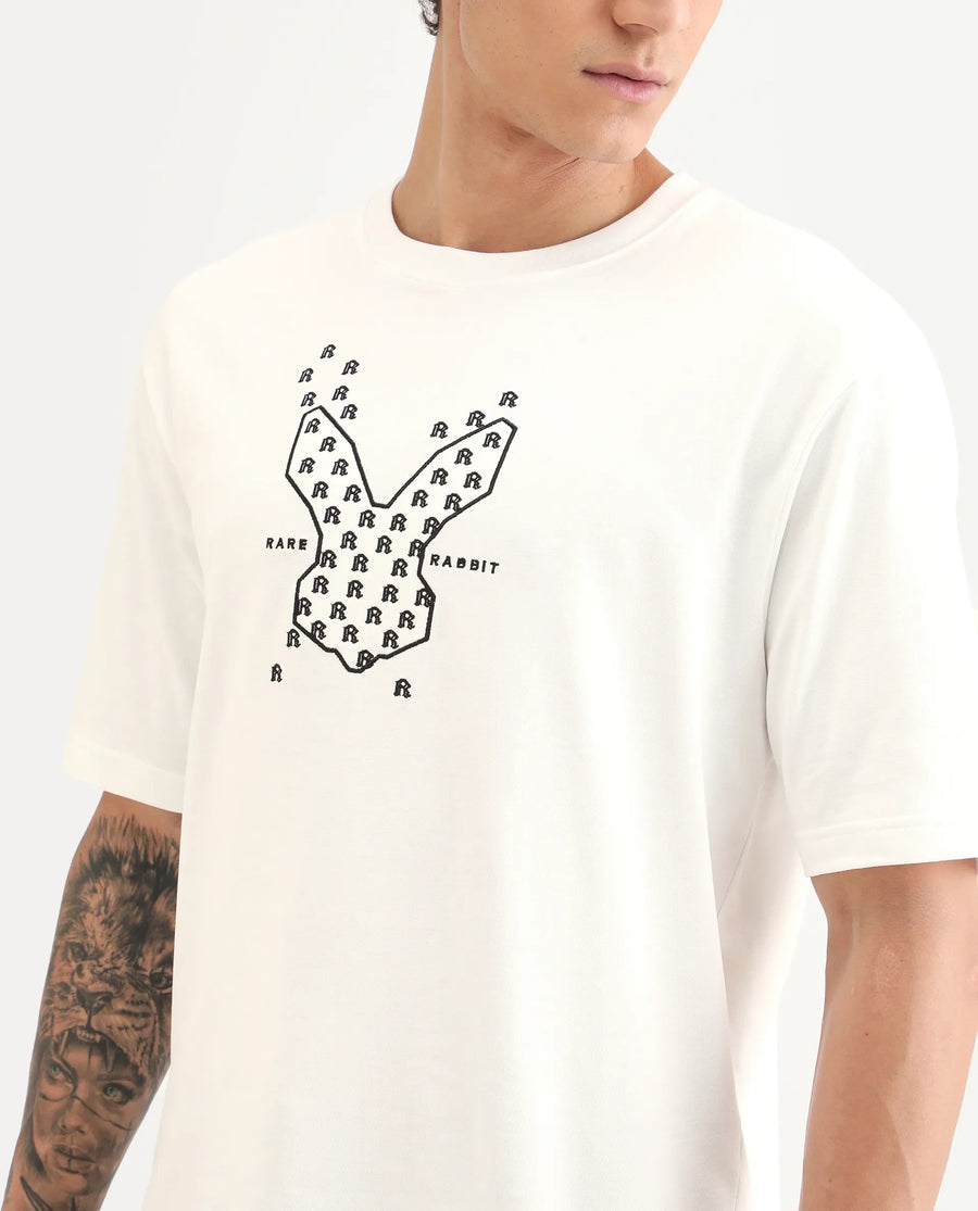 Rare Rabbit Men's Tiz White Cotton Fabric Half Sleeve Crew Neck Oversize Graphic Print T-Shirt