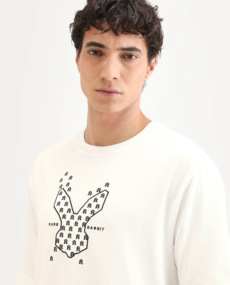Rare Rabbit Men's Tiz White Cotton Fabric Half Sleeve Crew Neck Oversize Graphic Print T-Shirt