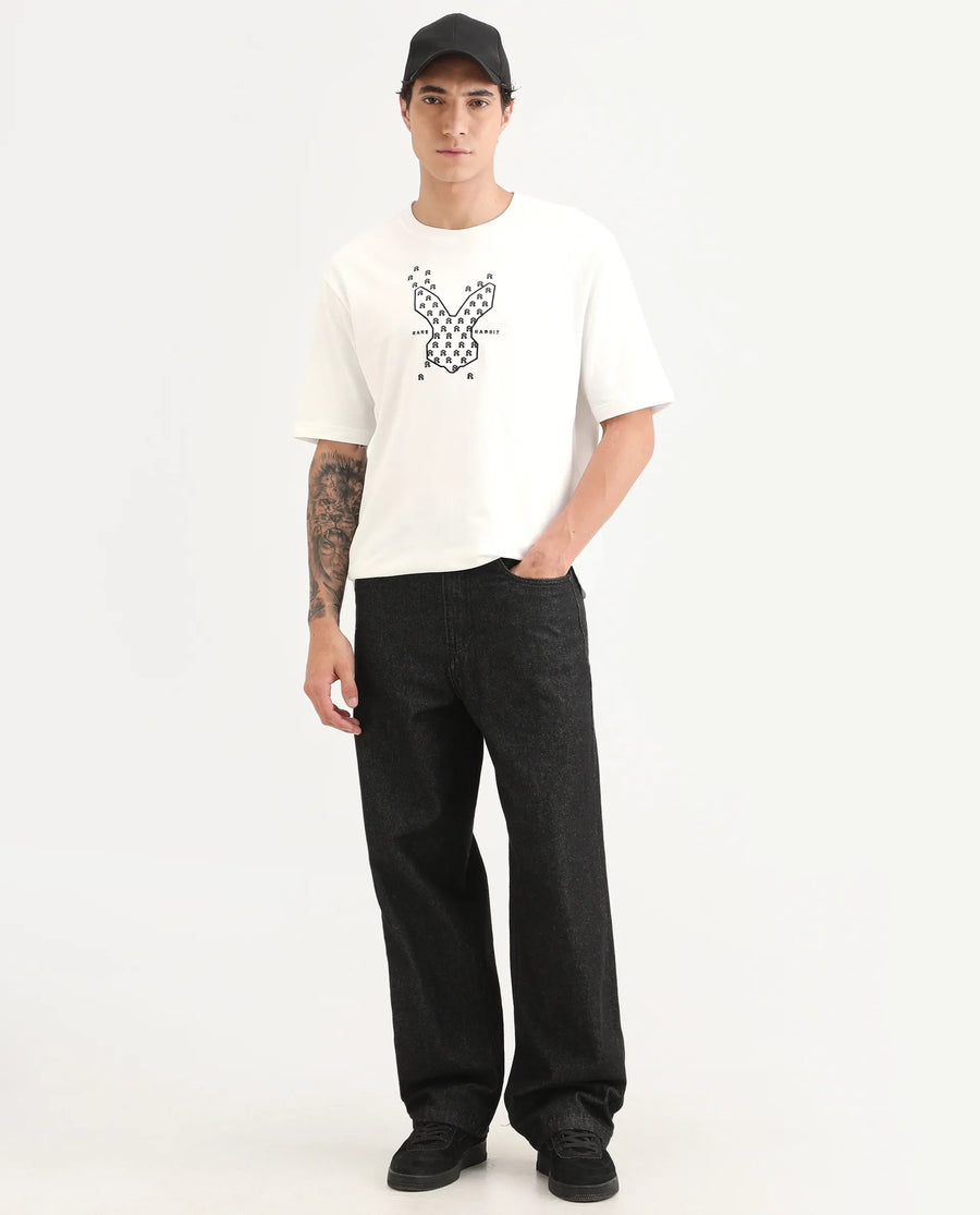 Rare Rabbit Men's Tiz White Cotton Fabric Half Sleeve Crew Neck Oversize Graphic Print T-Shirt
