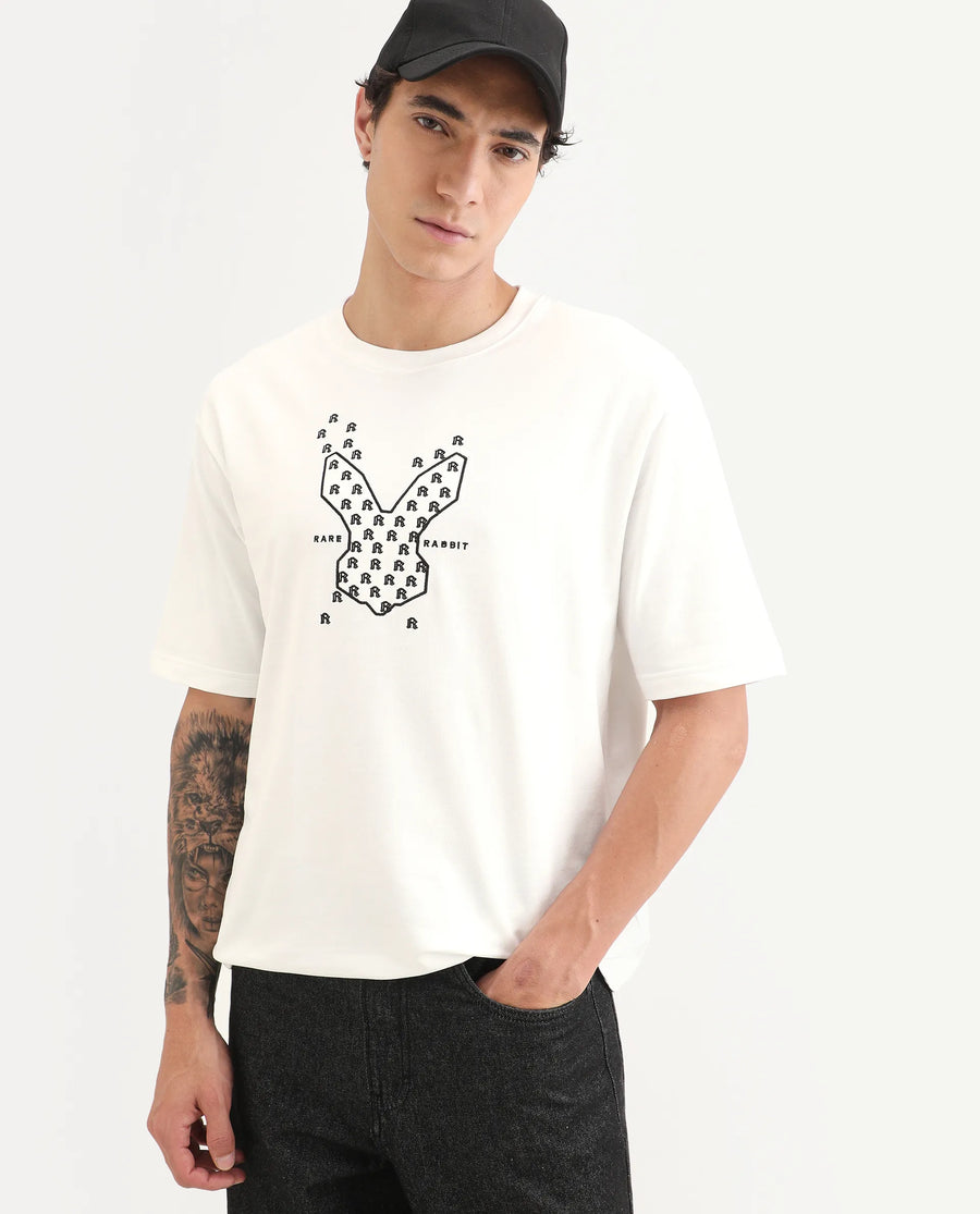 Rare Rabbit Men's Tiz White Cotton Fabric Half Sleeve Crew Neck Oversize Graphic Print T-Shirt