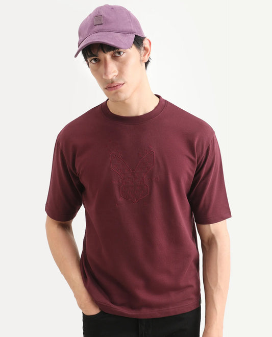 Rare Rabbit Men's Tiz Dark Red Cotton Fabric Half Sleeve Crew Neck Oversize Graphic Print T-Shirt