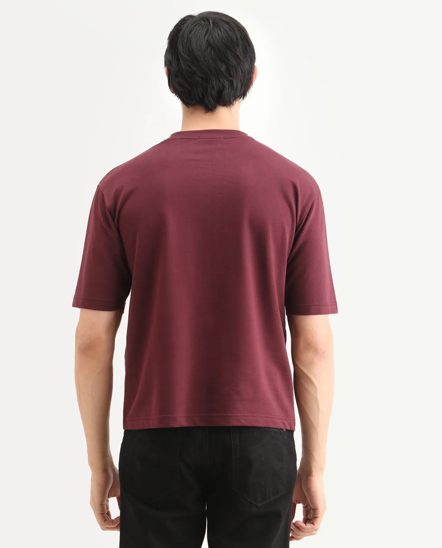 Rare Rabbit Men's Tiz Dark Red Cotton Fabric Half Sleeve Crew Neck Oversize Graphic Print T-Shirt