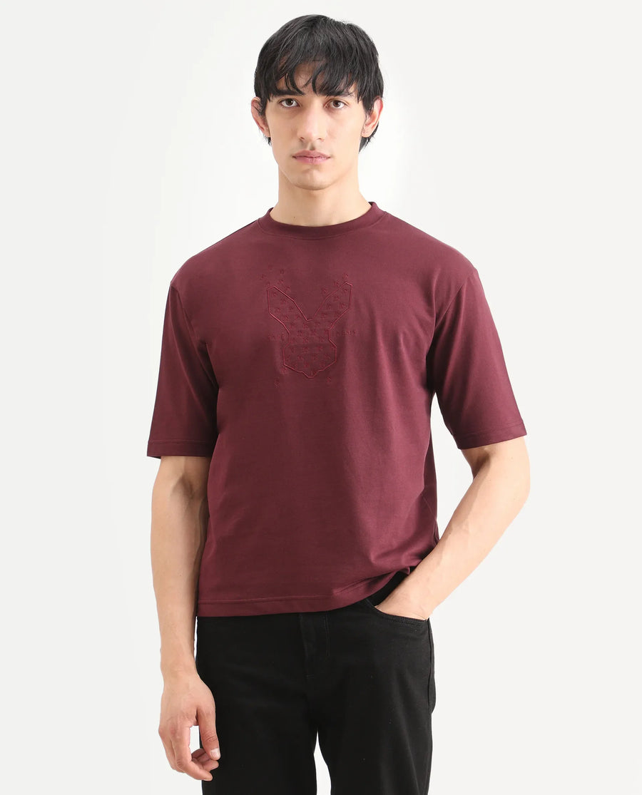 Rare Rabbit Men's Tiz Dark Red Cotton Fabric Half Sleeve Crew Neck Oversize Graphic Print T-Shirt