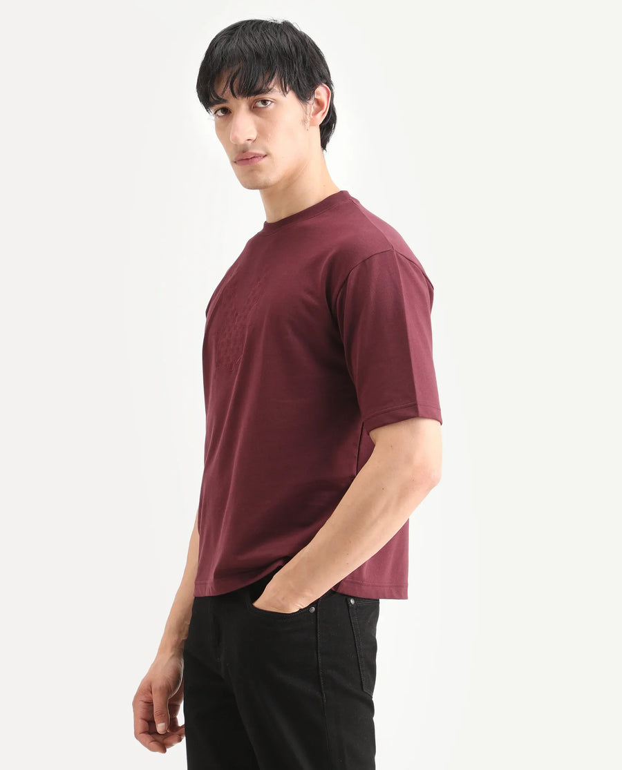 Rare Rabbit Men's Tiz Dark Red Cotton Fabric Half Sleeve Crew Neck Oversize Graphic Print T-Shirt