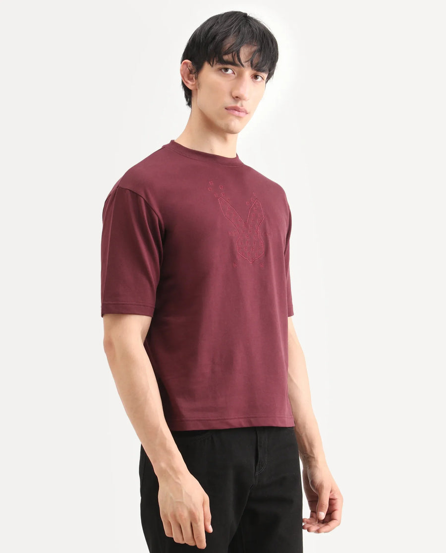 Rare Rabbit Men's Tiz Dark Red Cotton Fabric Half Sleeve Crew Neck Oversize Graphic Print T-Shirt