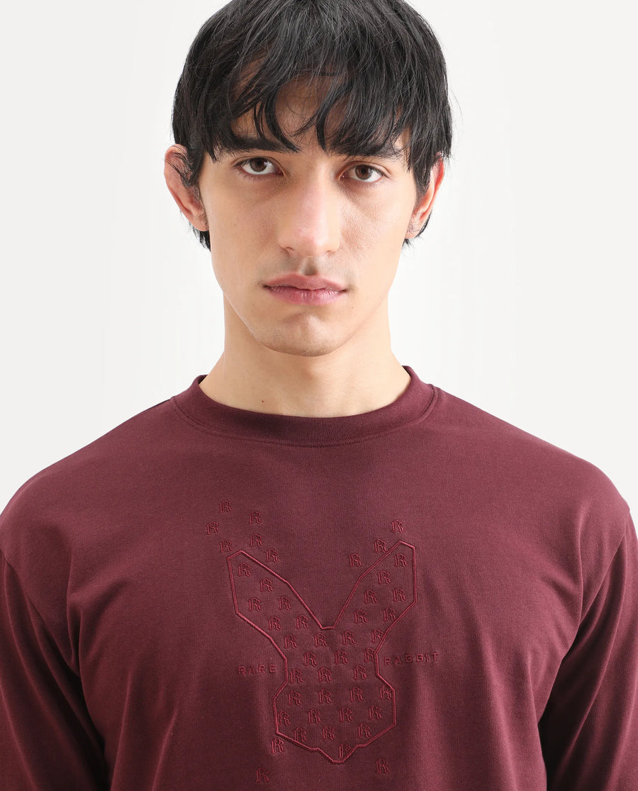 Rare Rabbit Men's Tiz Dark Red Cotton Fabric Half Sleeve Crew Neck Oversize Graphic Print T-Shirt