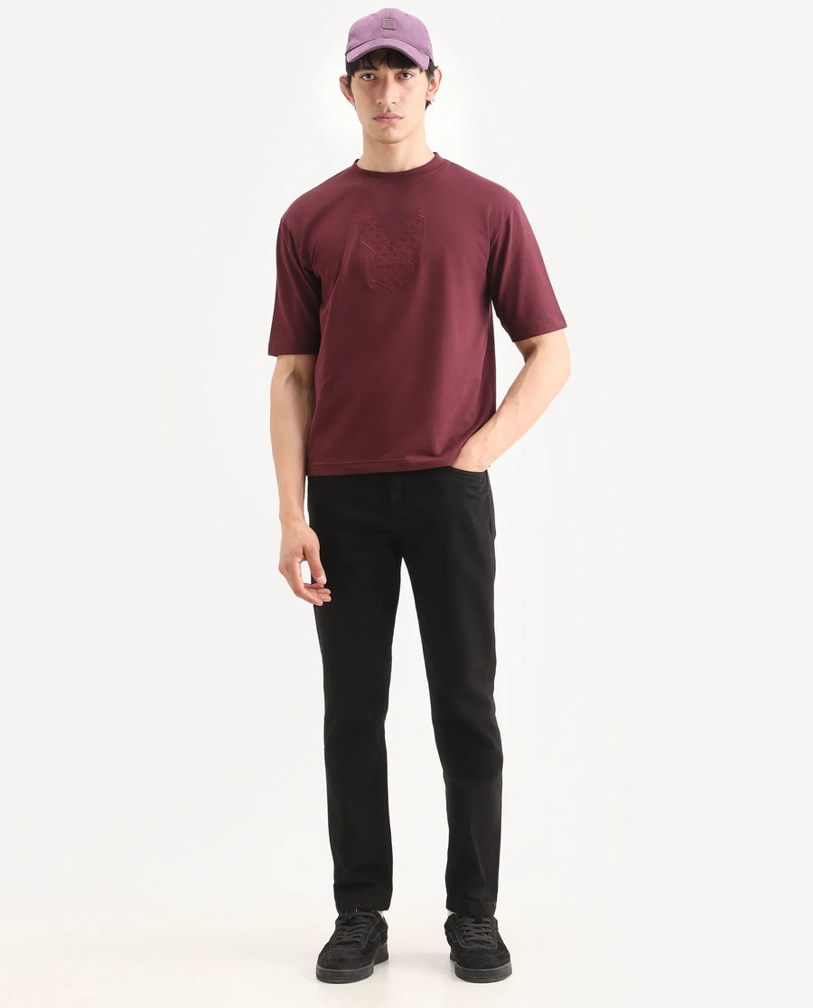 Rare Rabbit Men's Tiz Dark Red Cotton Fabric Half Sleeve Crew Neck Oversize Graphic Print T-Shirt