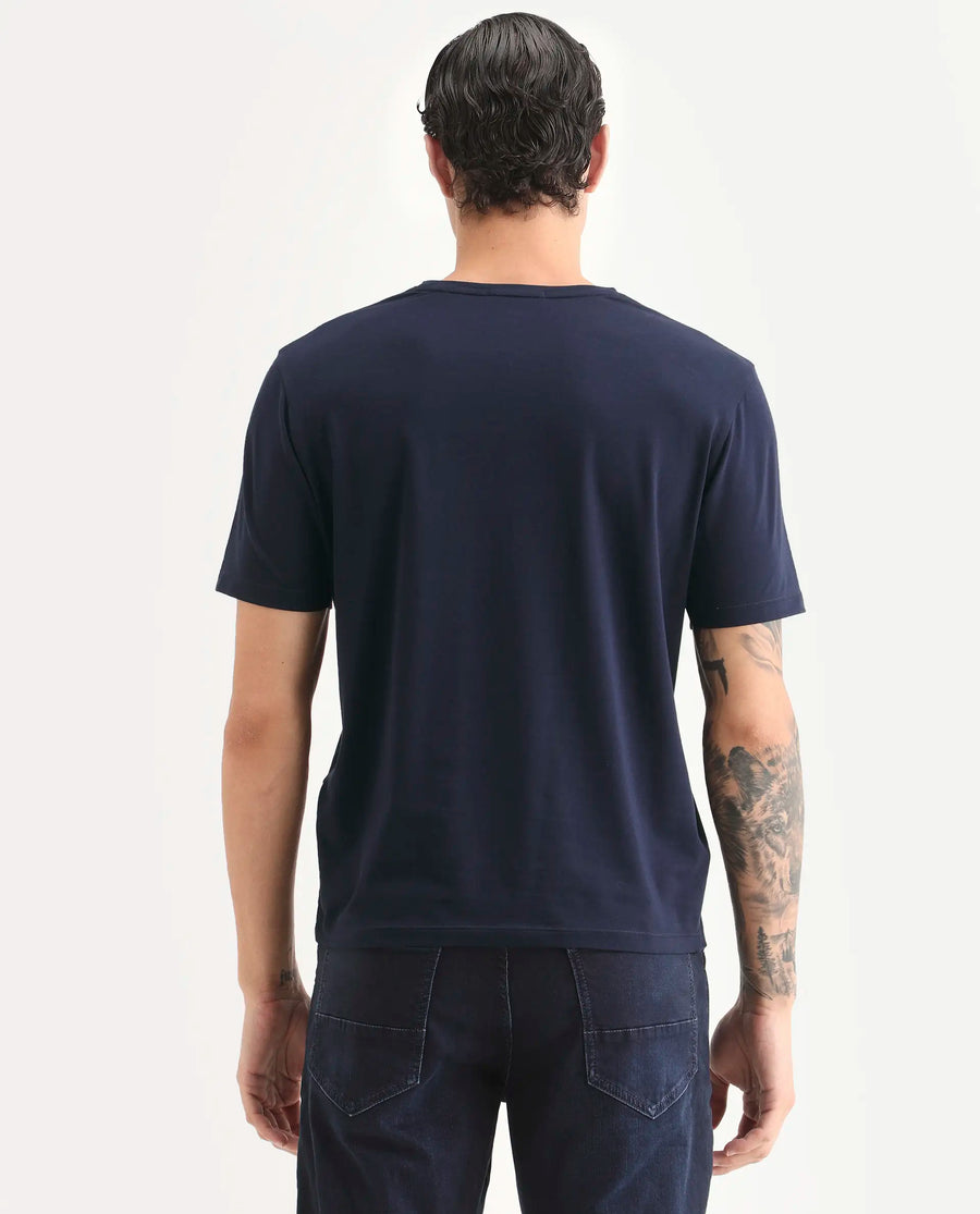Rare Rabbit Men's Together-S26 Navy Cotton Blend Fabric Half Sleeve Crew Neck Regular Fit Graphic Print T-Shirt