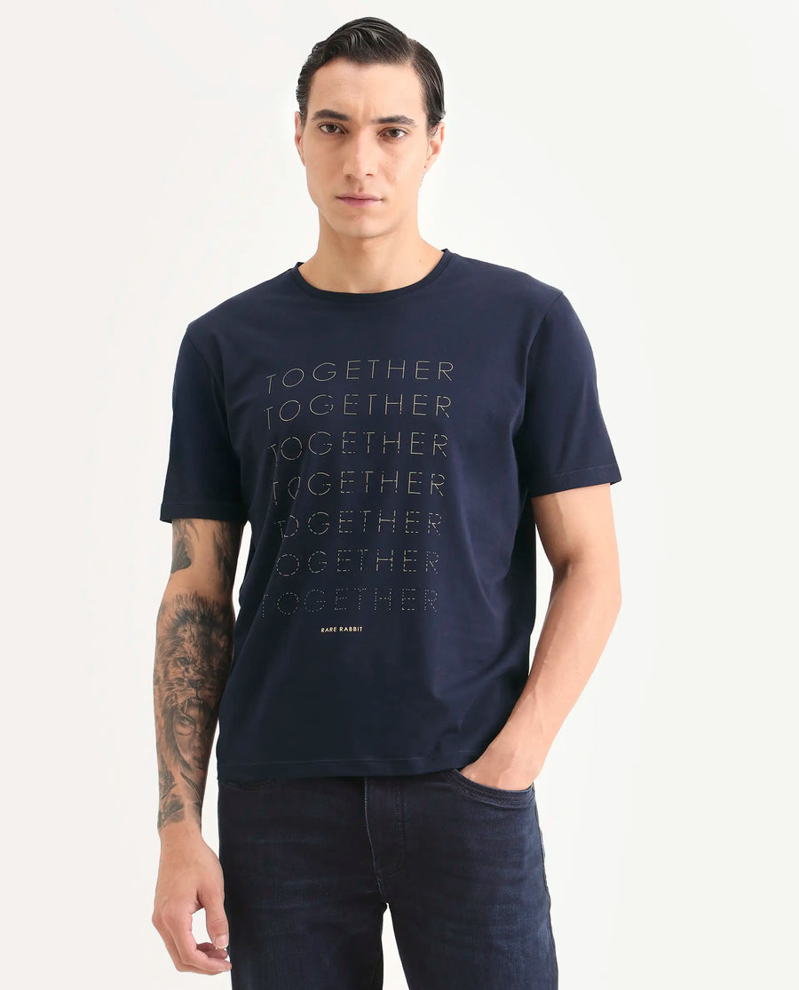 Rare Rabbit Men's Together-S26 Navy Cotton Blend Fabric Half Sleeve Crew Neck Regular Fit Graphic Print T-Shirt