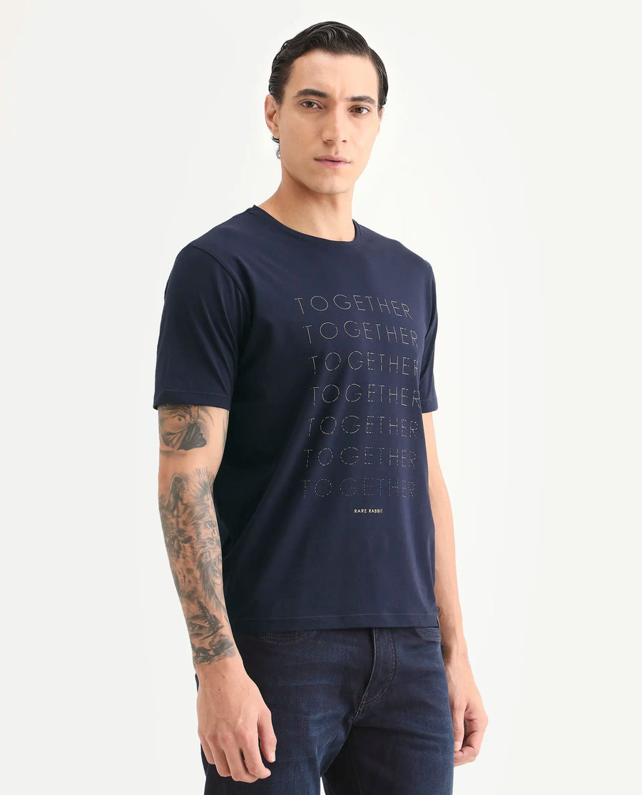 Rare Rabbit Men's Together-S26 Navy Cotton Blend Fabric Half Sleeve Crew Neck Regular Fit Graphic Print T-Shirt