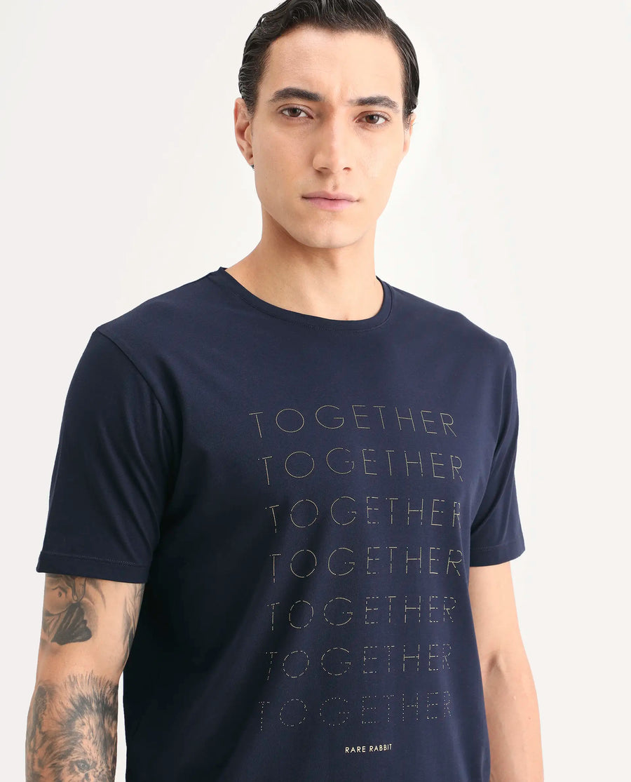 Rare Rabbit Men's Together-S26 Navy Cotton Blend Fabric Half Sleeve Crew Neck Regular Fit Graphic Print T-Shirt