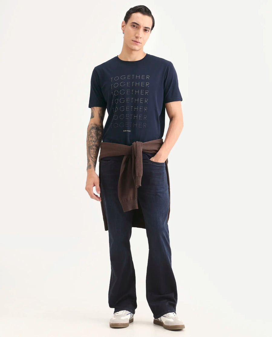 Rare Rabbit Men's Together-S26 Navy Cotton Blend Fabric Half Sleeve Crew Neck Regular Fit Graphic Print T-Shirt