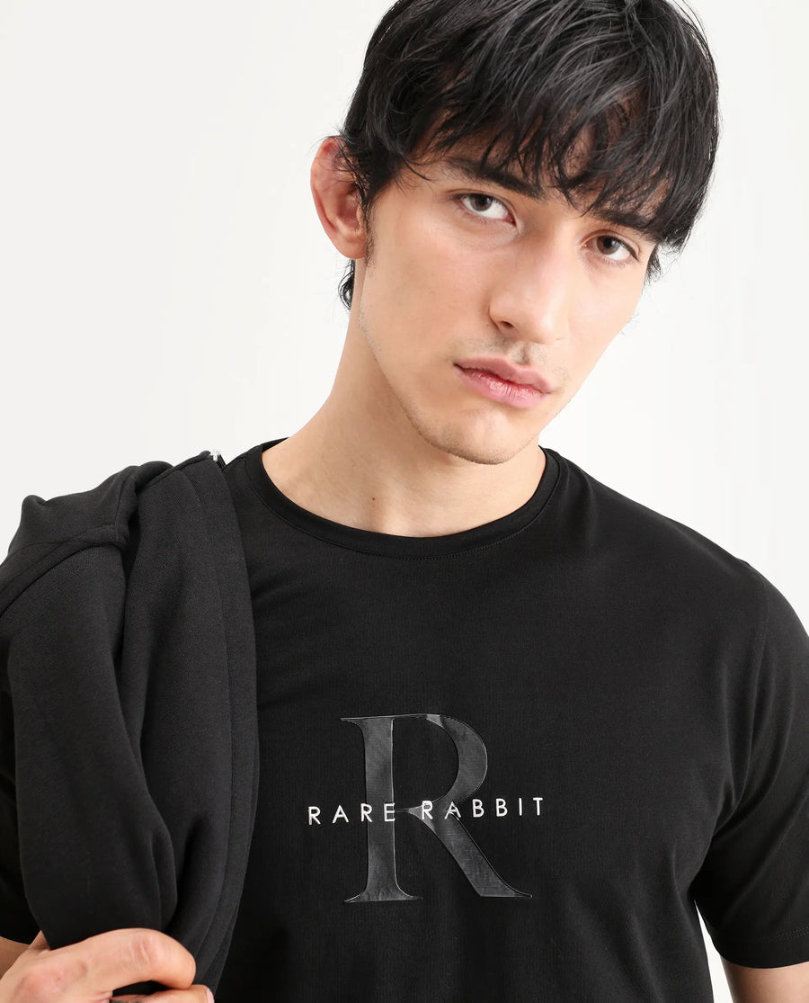 Rare Rabbit Men's Toka Black Cotton Blend Fabric Half Sleeve Crew Neck Regular Fit Graphic Print T-Shirt