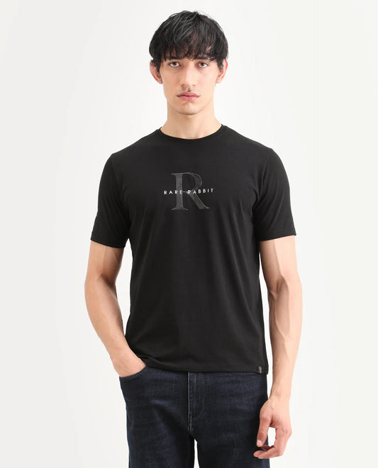 Rare Rabbit Men's Toka Black Cotton Blend Fabric Half Sleeve Crew Neck Regular Fit Graphic Print T-Shirt