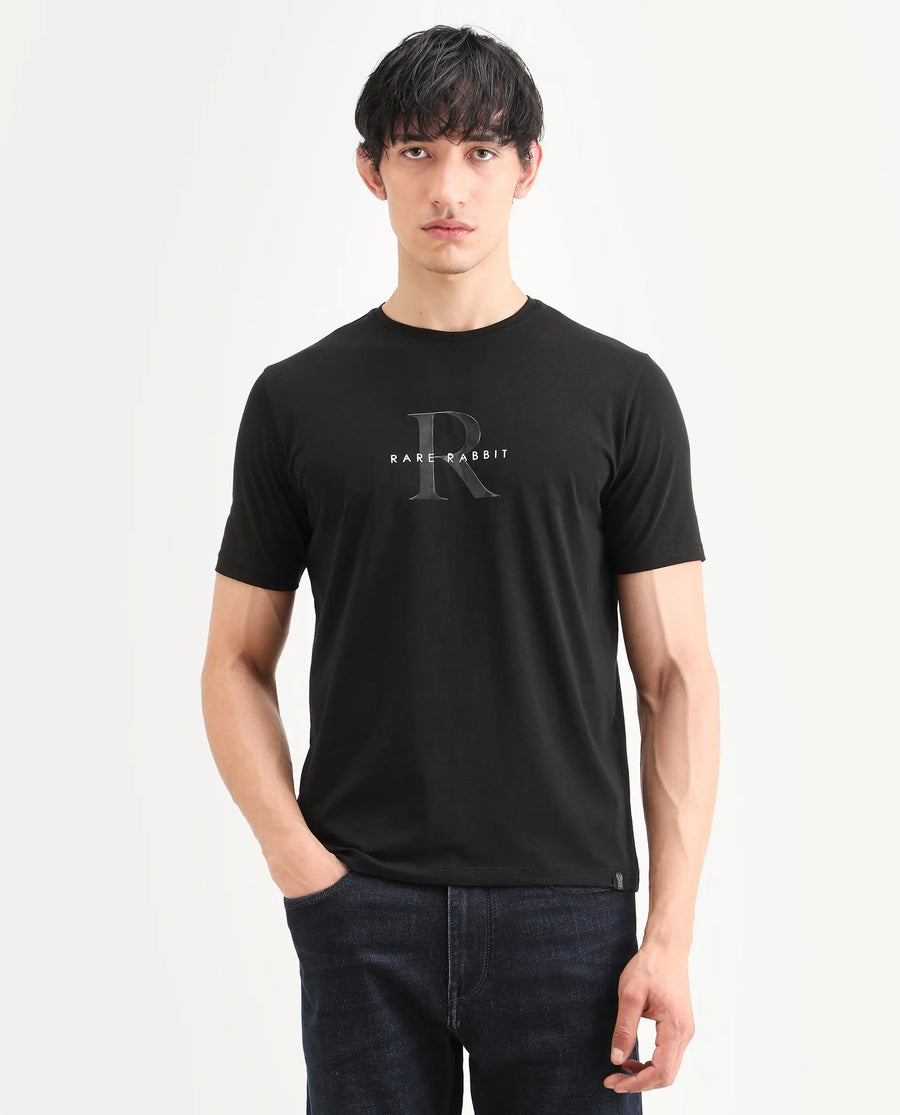 Rare Rabbit Men's Toka Black Cotton Blend Fabric Half Sleeve Crew Neck Regular Fit Graphic Print T-Shirt