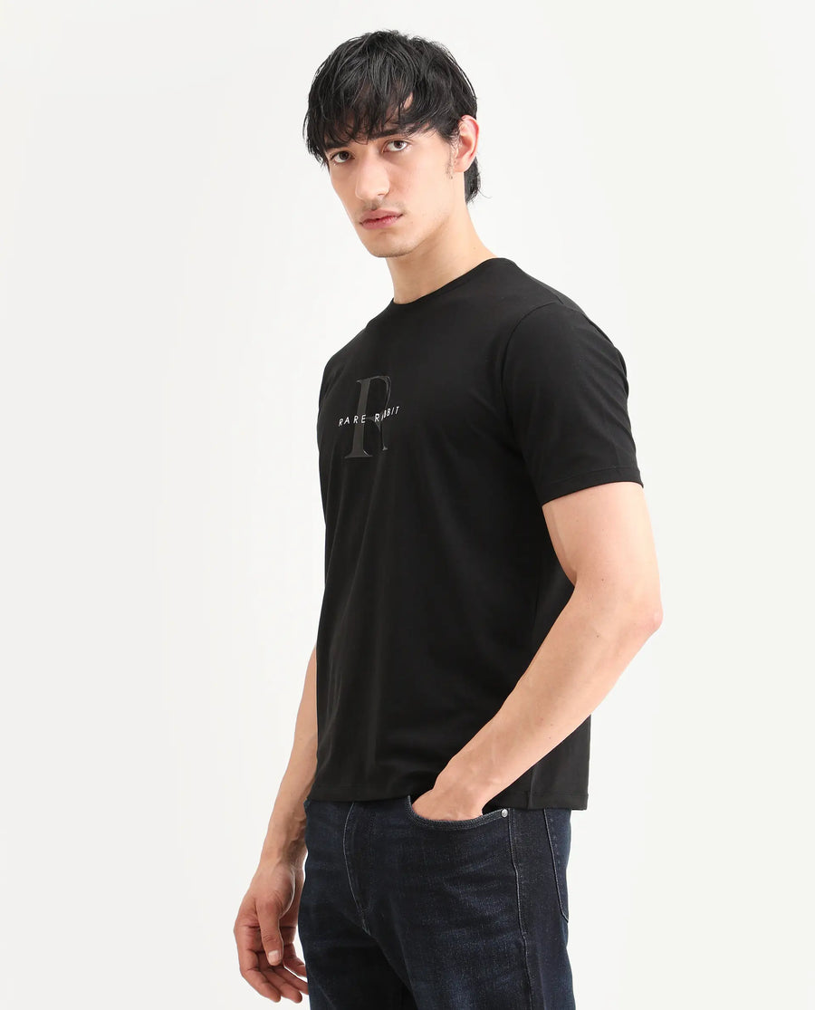 Rare Rabbit Men's Toka Black Cotton Blend Fabric Half Sleeve Crew Neck Regular Fit Graphic Print T-Shirt