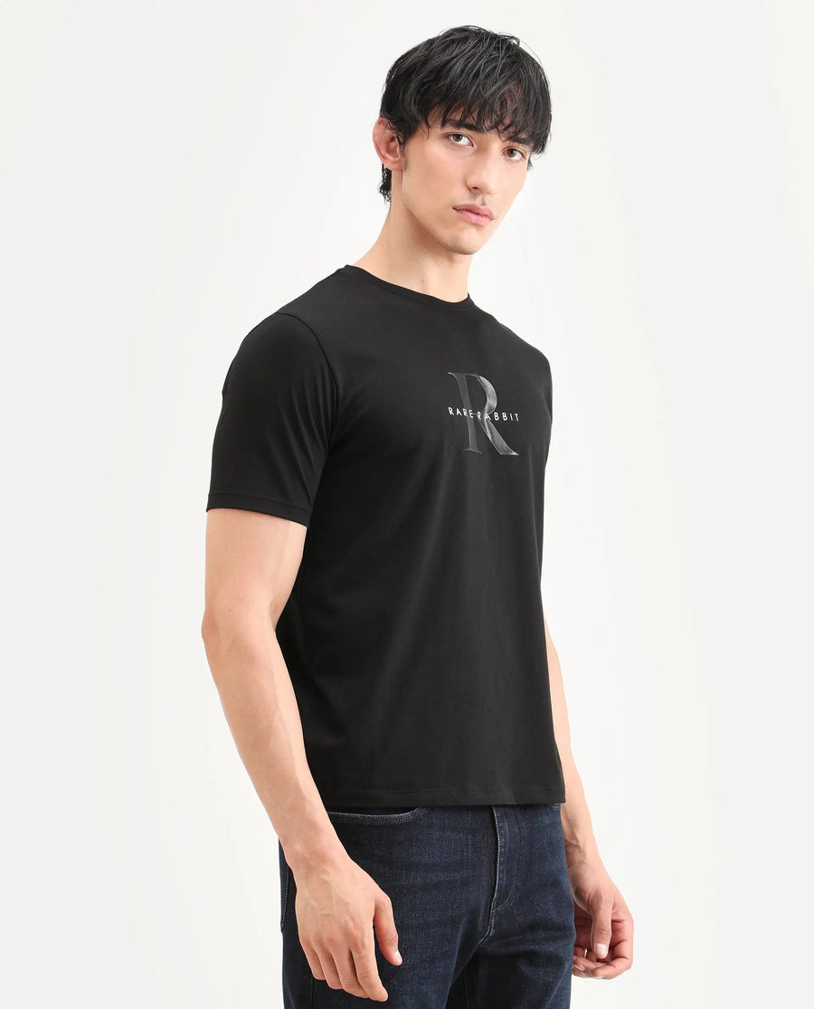Rare Rabbit Men's Toka Black Cotton Blend Fabric Half Sleeve Crew Neck Regular Fit Graphic Print T-Shirt
