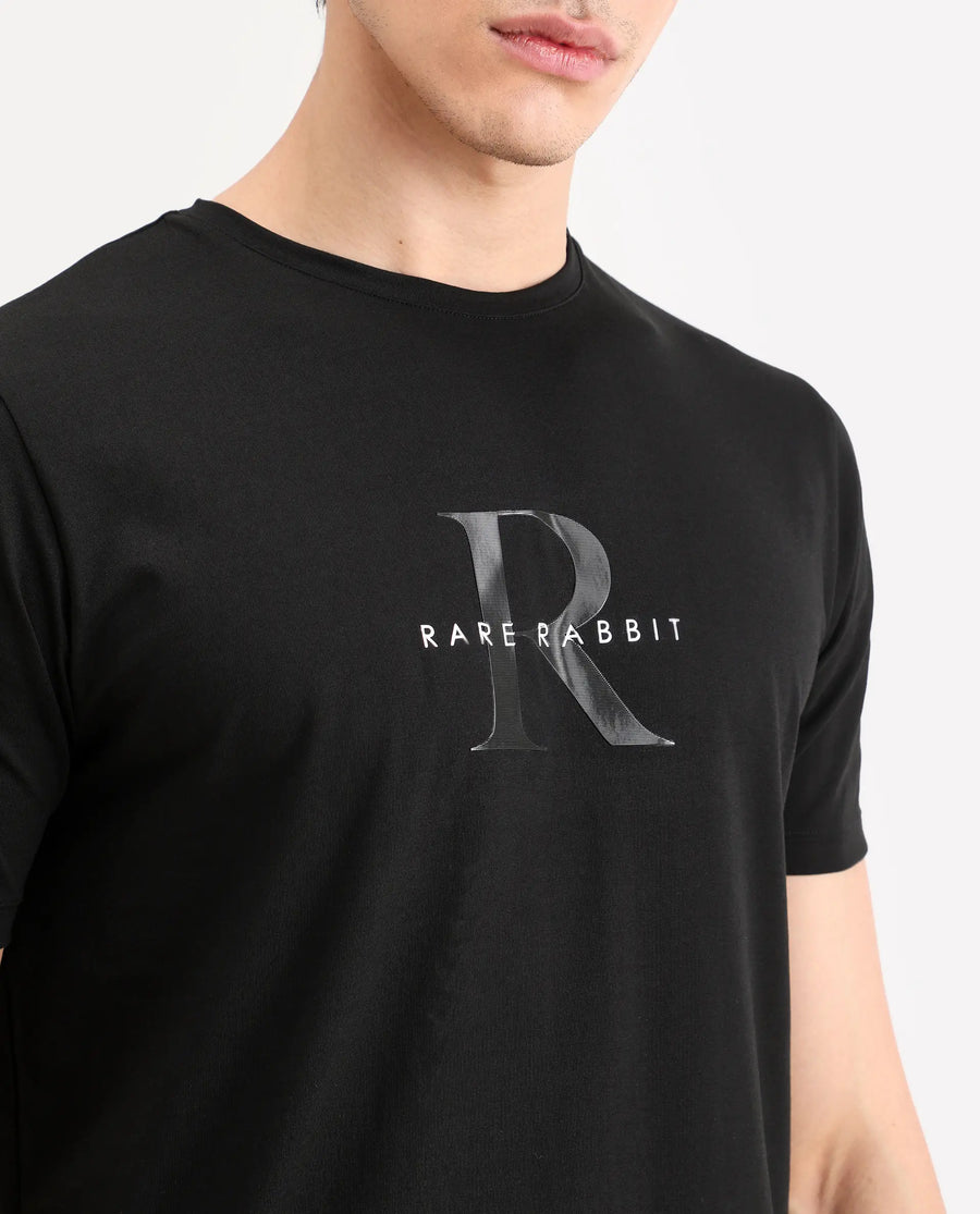 Rare Rabbit Men's Toka Black Cotton Blend Fabric Half Sleeve Crew Neck Regular Fit Graphic Print T-Shirt