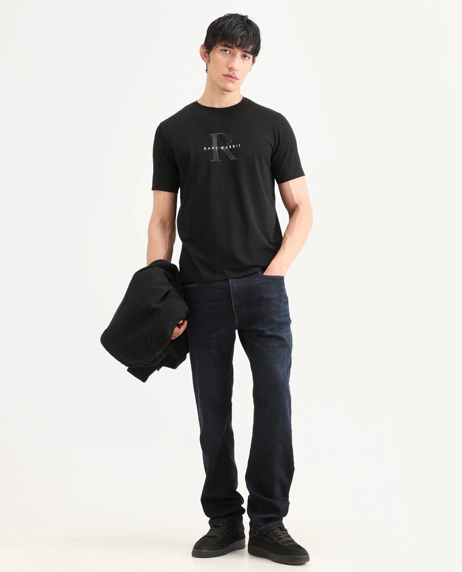 Rare Rabbit Men's Toka Black Cotton Blend Fabric Half Sleeve Crew Neck Regular Fit Graphic Print T-Shirt