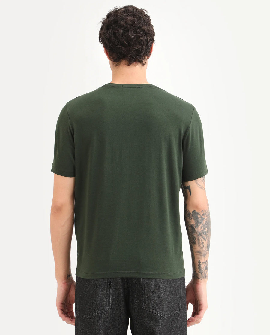 Rare Rabbit Men's Toka Dark Green Cotton Blend Fabric Half Sleeve Crew Neck Regular Fit Graphic Print T-Shirt