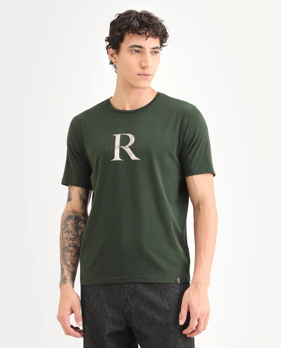 Rare Rabbit Men's Toka Dark Green Cotton Blend Fabric Half Sleeve Crew Neck Regular Fit Graphic Print T-Shirt