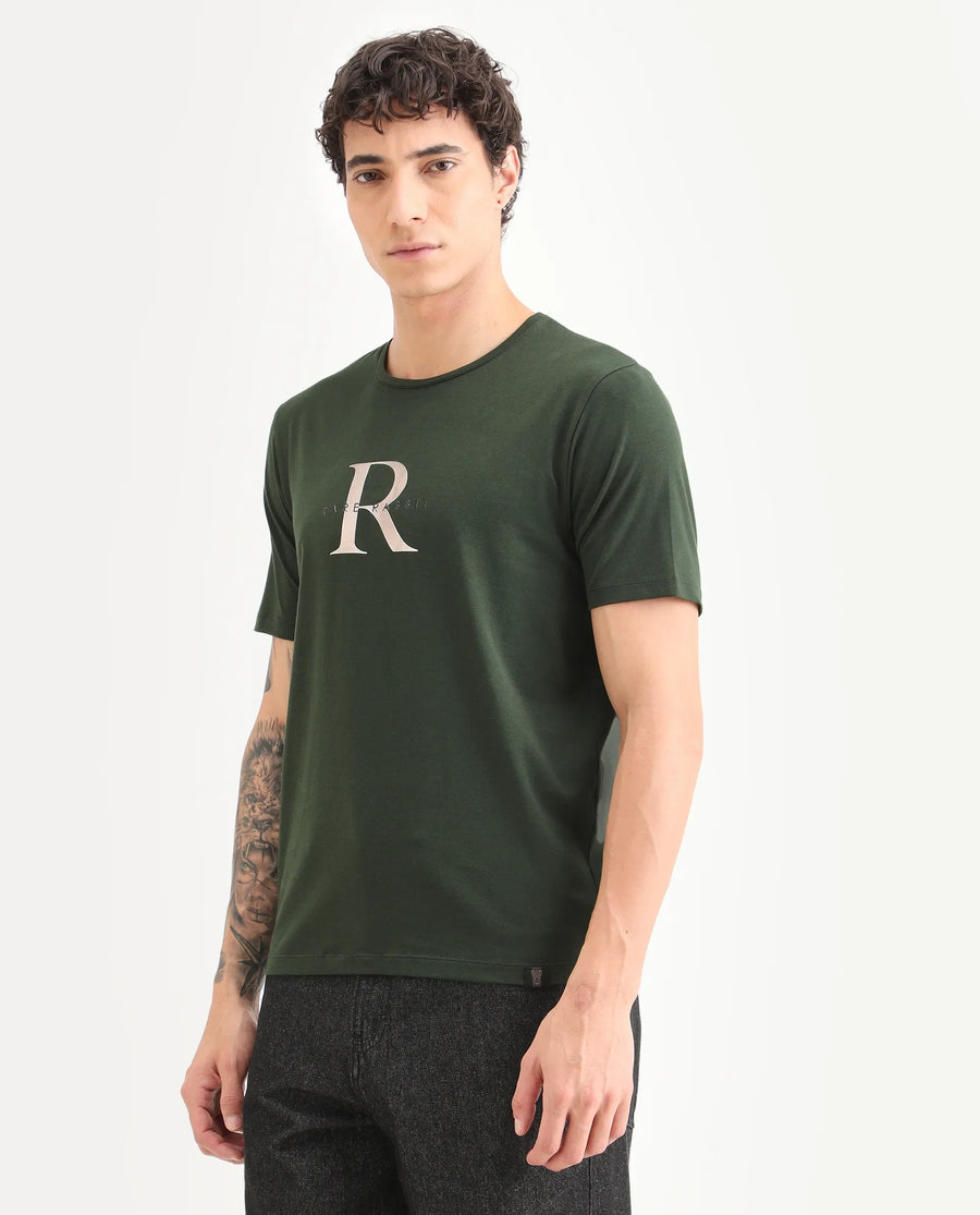 Rare Rabbit Men's Toka Dark Green Cotton Blend Fabric Half Sleeve Crew Neck Regular Fit Graphic Print T-Shirt
