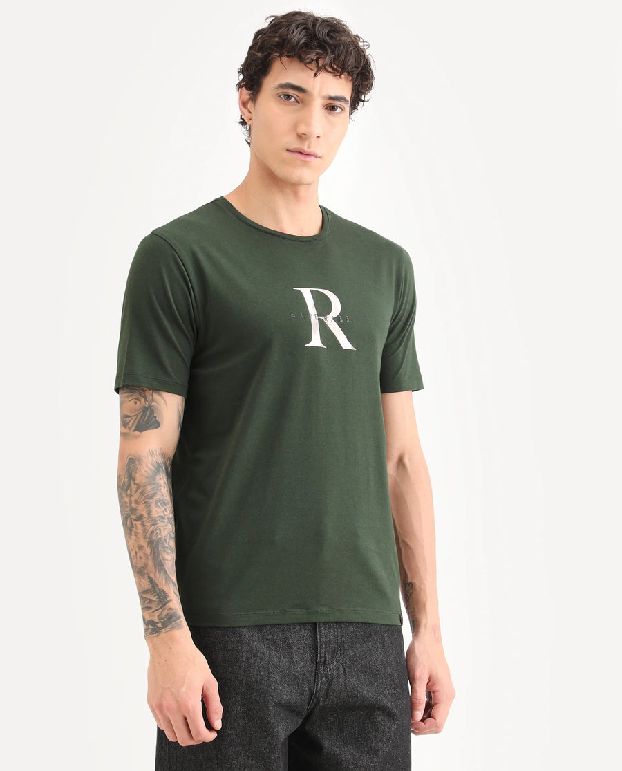 Rare Rabbit Men's Toka Dark Green Cotton Blend Fabric Half Sleeve Crew Neck Regular Fit Graphic Print T-Shirt