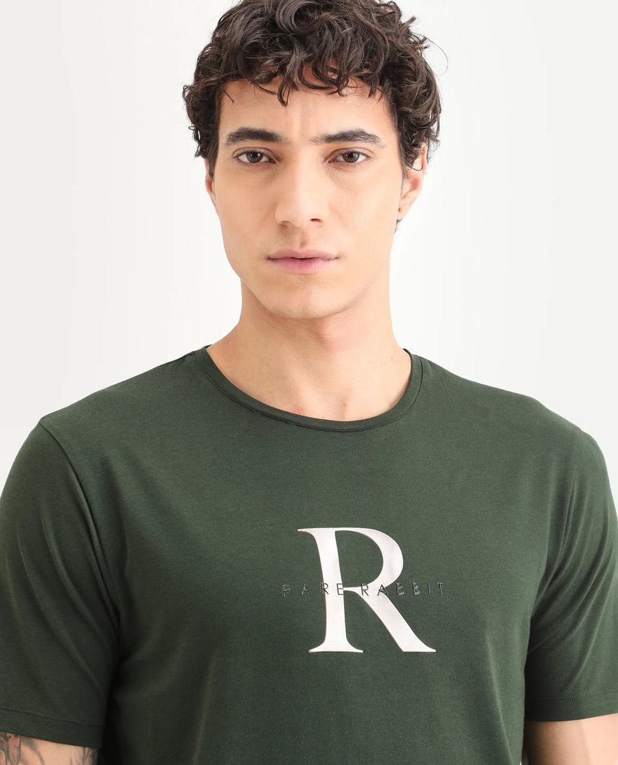 Rare Rabbit Men's Toka Dark Green Cotton Blend Fabric Half Sleeve Crew Neck Regular Fit Graphic Print T-Shirt