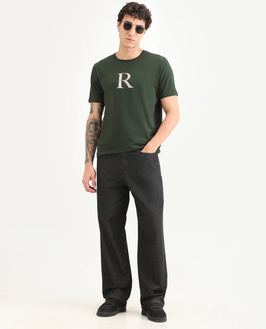 Rare Rabbit Men's Toka Dark Green Cotton Blend Fabric Half Sleeve Crew Neck Regular Fit Graphic Print T-Shirt