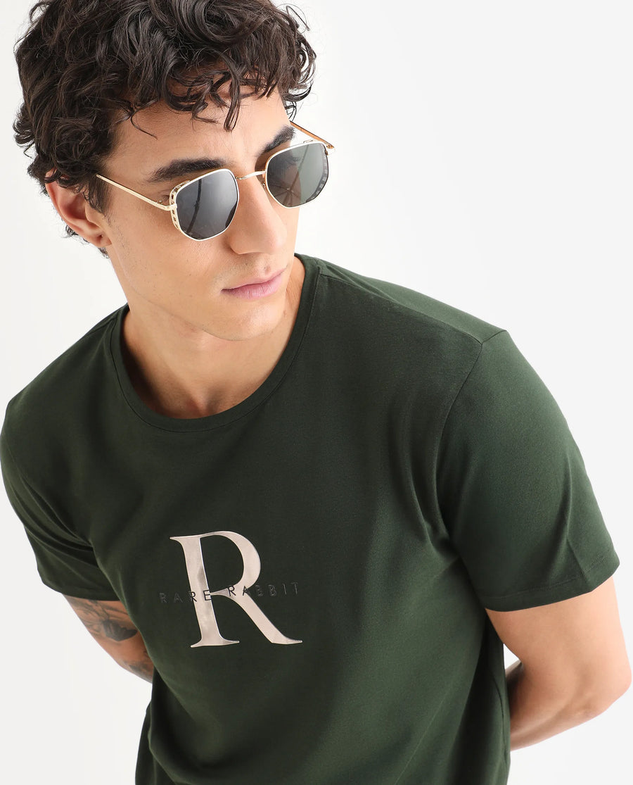 Rare Rabbit Men's Toka Dark Green Cotton Blend Fabric Half Sleeve Crew Neck Regular Fit Graphic Print T-Shirt