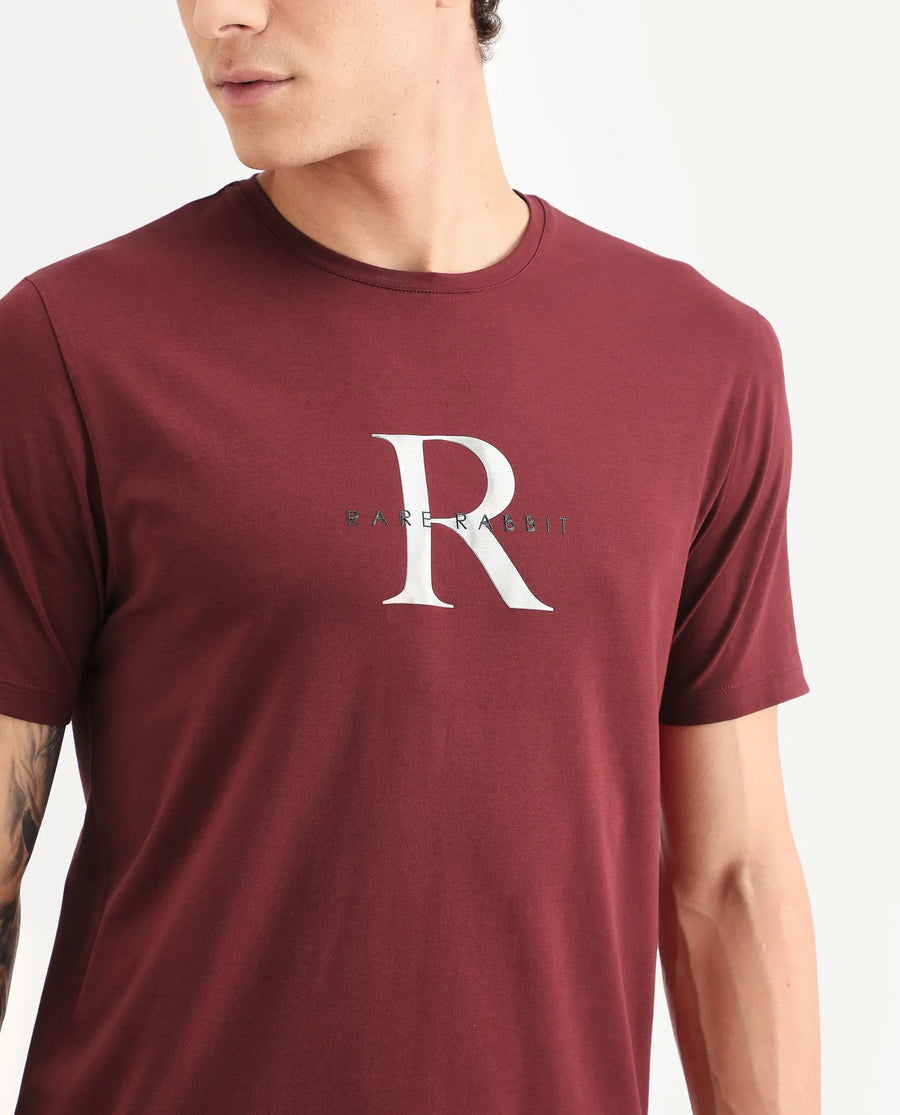 Rare Rabbit Men's Toka Dark Red Cotton Blend Fabric Half Sleeve Crew Neck Regular Fit Graphic Print T-Shirt